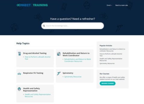 Knowledgebase Screenshot of the Kinnect Training webpage with a search bar. Four main help topics are displayed: Drug and Alcohol Testing, Rehabilitation and Return to Work Coordinator, Respirator Fit Testing, and Spirometry. Sidebar lists popular articles.