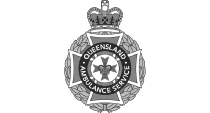 Logo of the Queensland Ambulance Service featuring a circular badge with a crown on top, a Maltese cross, and laurel wreaths. The central design includes an emblem with the text "QUEENSLAND AMBULANCE SERVICE," symbolizing dedication akin to completing work health and safety courses.