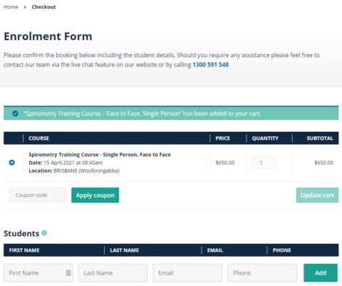 new enrolment process A screenshot of an enrolment form for a Spirometry training course. Details include course type, date, location, quantity, and subtotal. A coupon code field and an "Add" button for students are visible at the bottom.