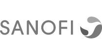 Logo of Sanofi, displaying the word "SANOFI" in gray uppercase letters. To the right, a stylized abstract design with curved shapes in shades of gray echoes their commitment to work health and safety courses.