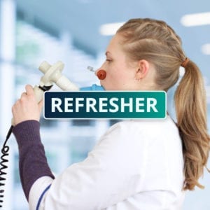 A woman using a spirometry device for a breathing test in a clinical setting. The background is blurred, and the words "Spirometry Training Course Australia - Refresher" are prominently displayed over the image.