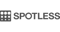 Logo with the word "SPOTLESS" in bold uppercase letters. To the left, a grid of nine circles forms a square pattern, subtly symbolizing the structure and clarity associated with work health and safety courses. The design is simple and monochromatic.